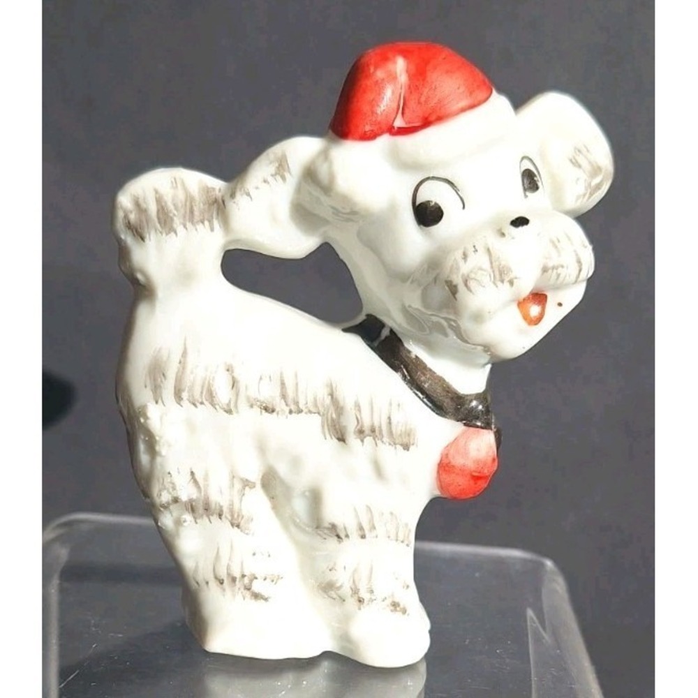 Vintage China terrier poodle dog santa hat Japan xmas figurine 3.5 inches
